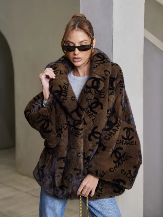 Кимоно из меха норки английский воротник, принт - фото 0