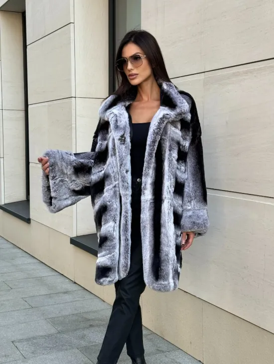 Шуба из кролика рекс стойка воротник - цвет шиншилла - фото 4