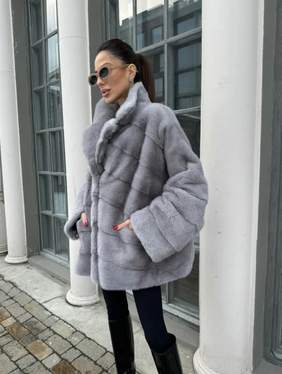 Норковый полушубок паркет английский воротник - цвет серый сапфир - фото 2