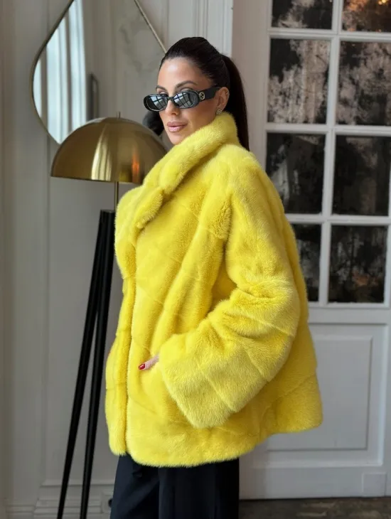 Норковый полушубок английский воротник, паркет - цвет лимонный - фото 1
