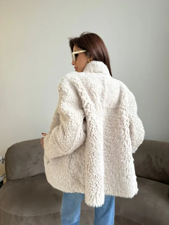 Дубленка двусторонняя из натурального меха тиградо - стойка воротник - фото 8